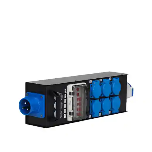 32A 3-Pin In/Out 6-Way 16A Waterproof European Power Distributor 240V 200A Copper-Plastic Housing